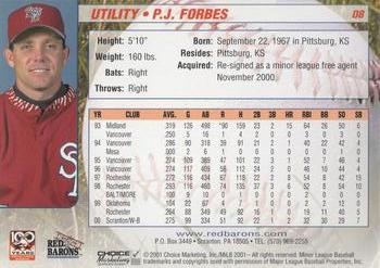 2001 Choice Scranton/Wilkes-Barre Red Barons #08 P.J. Forbes Back