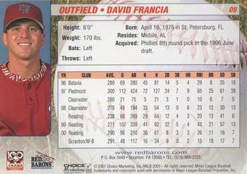 2001 Choice Scranton/Wilkes-Barre Red Barons #09 David Francia Back
