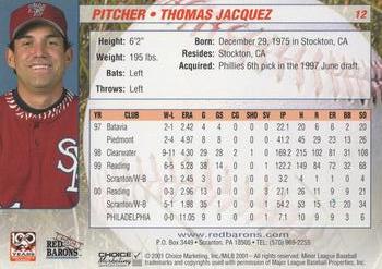 2001 Choice Scranton/Wilkes-Barre Red Barons #12 Thomas Jacquez Back
