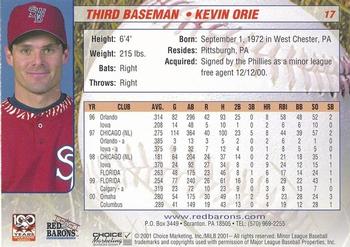 2001 Choice Scranton/Wilkes-Barre Red Barons #17 Kevin Orie Back