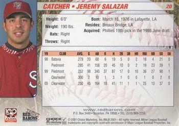 2001 Choice Scranton/Wilkes-Barre Red Barons #20 Jeremy Salazar Back