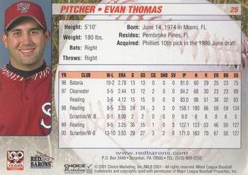 2001 Choice Scranton/Wilkes-Barre Red Barons #25 Evan Thomas Back