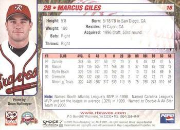 2001 Choice Richmond Braves #16 Marcus Giles Back