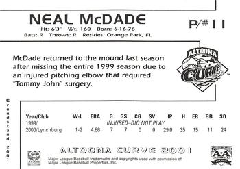2001 Grandstand Altoona Curve #NNO Neal McDade Back