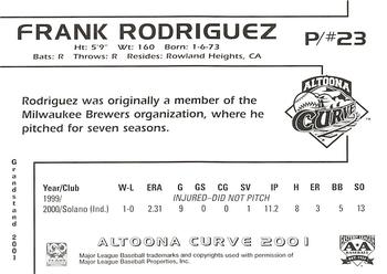 2001 Grandstand Altoona Curve #NNO Frank Rodriguez Back