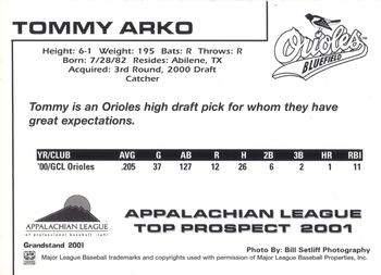 2001 Grandstand Appalachian League Top Prospects #NNO Tommy Arko Back