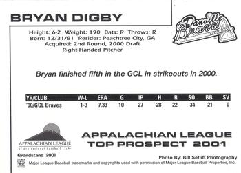 2001 Grandstand Appalachian League Top Prospects #NNO Bryan Digby Back