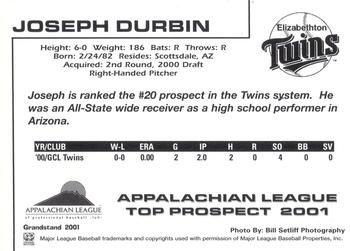 2001 Grandstand Appalachian League Top Prospects #NNO Joseph Durbin Back