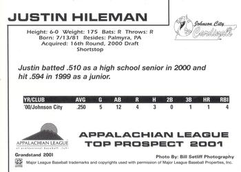 2001 Grandstand Appalachian League Top Prospects #NNO Justin Hileman Back