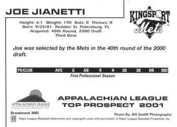 2001 Grandstand Appalachian League Top Prospects #NNO Joe Jiannetti Back