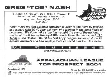 2001 Grandstand Appalachian League Top Prospects #NNO Greg Nash Back