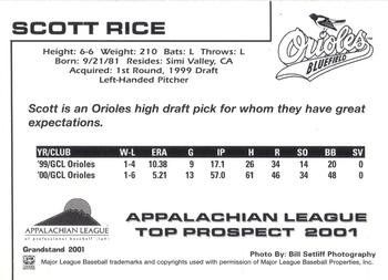 2001 Grandstand Appalachian League Top Prospects #NNO Scott Rice Back