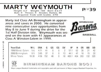 2001 Grandstand Birmingham Barons #39 Marty Weymouth Back