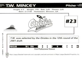 2001 Grandstand Bluefield Orioles #NNO T.W. Mincey Back