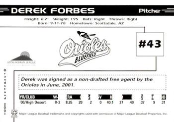 2001 Grandstand Bluefield Orioles #NNO Derek Forbes Back
