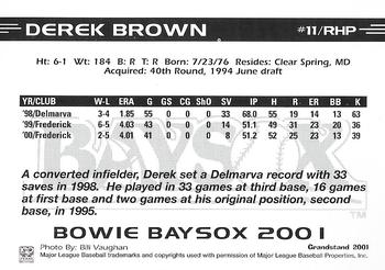 2001 Grandstand Bowie Baysox #NNO Derek Brown Back