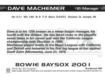 2001 Grandstand Bowie Baysox #NNO Dave Machemer Back