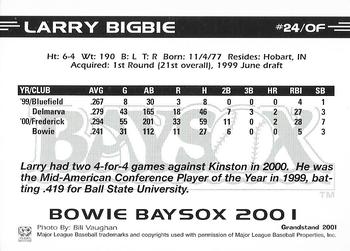 2001 Grandstand Bowie Baysox #NNO Larry Bigbie Back