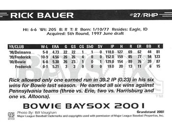 2001 Grandstand Bowie Baysox #NNO Rick Bauer Back