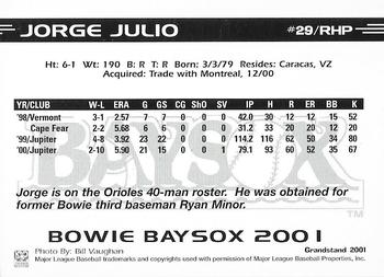 2001 Grandstand Bowie Baysox #NNO Jorge Julio Back