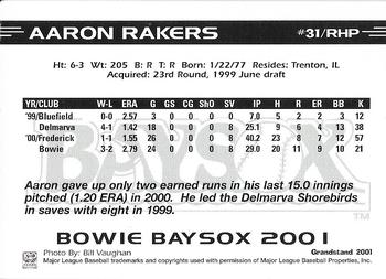 2001 Grandstand Bowie Baysox #NNO Aaron Rakers Back