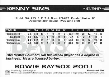 2001 Grandstand Bowie Baysox #NNO Kenny Sims Back