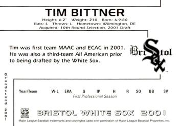2001 Grandstand Bristol White Sox #NNO Tim Bittner Back