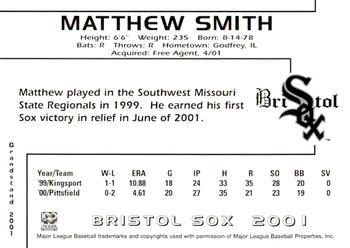 2001 Grandstand Bristol White Sox #NNO Matthew Smith Back