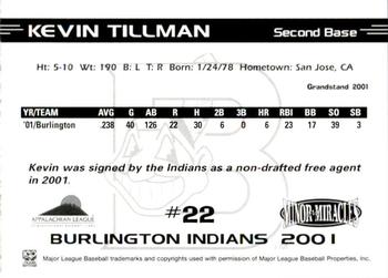 2001 Grandstand Burlington Indians #22 Kevin Tillman Back
