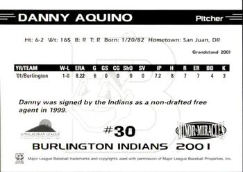 2001 Grandstand Burlington Indians #30 Danny Aquino Back