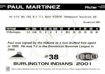 2001 Grandstand Burlington Indians #38 Paul Martinez Back