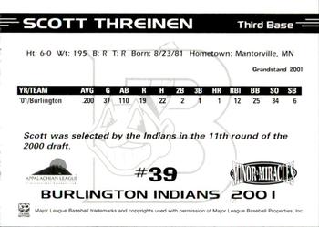 2001 Grandstand Burlington Indians #39 Scott Threinen Back