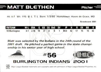 2001 Grandstand Burlington Indians #56 Matt Blethen Back