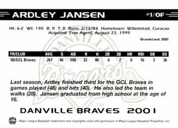 2001 Grandstand Danville Braves #NNO Ardley Jansen Back