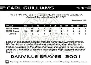 2001 Grandstand Danville Braves #NNO Earl Guilliams Back