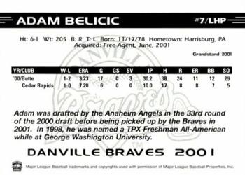 2001 Grandstand Danville Braves #NNO Adam Belicic Back