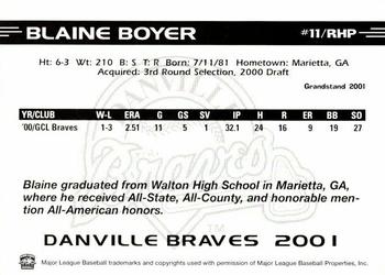 2001 Grandstand Danville Braves #NNO Blaine Boyer Back