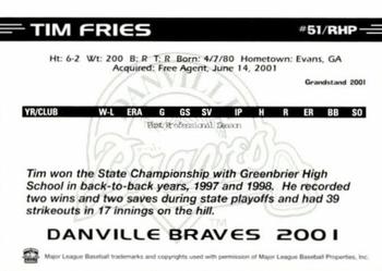 2001 Grandstand Danville Braves #NNO Tim Fries Back