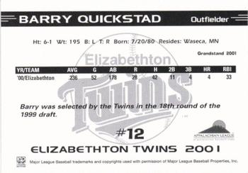 2001 Grandstand Elizabethton Twins #NNO Barry Quickstad Back