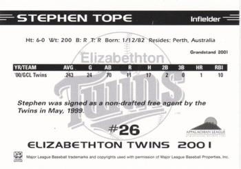 2001 Grandstand Elizabethton Twins #NNO Stephen Tope Back