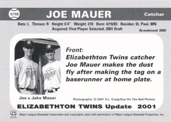 2001 Grandstand Elizabethton Twins Update #1 Joe Mauer Back