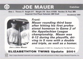 2001 Grandstand Elizabethton Twins Update #2 Joe Mauer Back