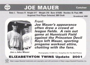 2001 Grandstand Elizabethton Twins Update #3 Joe Mauer Back