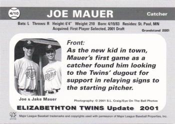 2001 Grandstand Elizabethton Twins Update #4 Joe Mauer Back