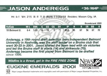 2001 Grandstand Eugene Emeralds #NNO Jason Anderegg Back
