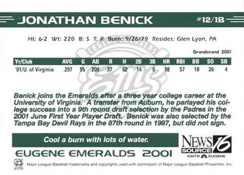 2001 Grandstand Eugene Emeralds #NNO Jonathan Benick Back