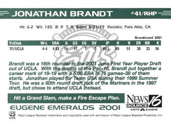 2001 Grandstand Eugene Emeralds #NNO Jonathan Brandt Back