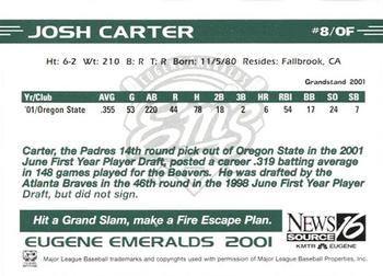 2001 Grandstand Eugene Emeralds #NNO Josh Carter Back