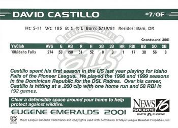 2001 Grandstand Eugene Emeralds #NNO David Castillo Back