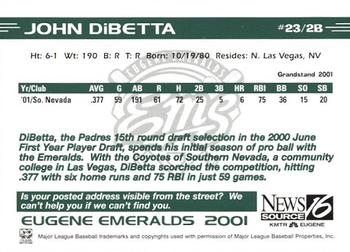 2001 Grandstand Eugene Emeralds #NNO John DiBetta Back